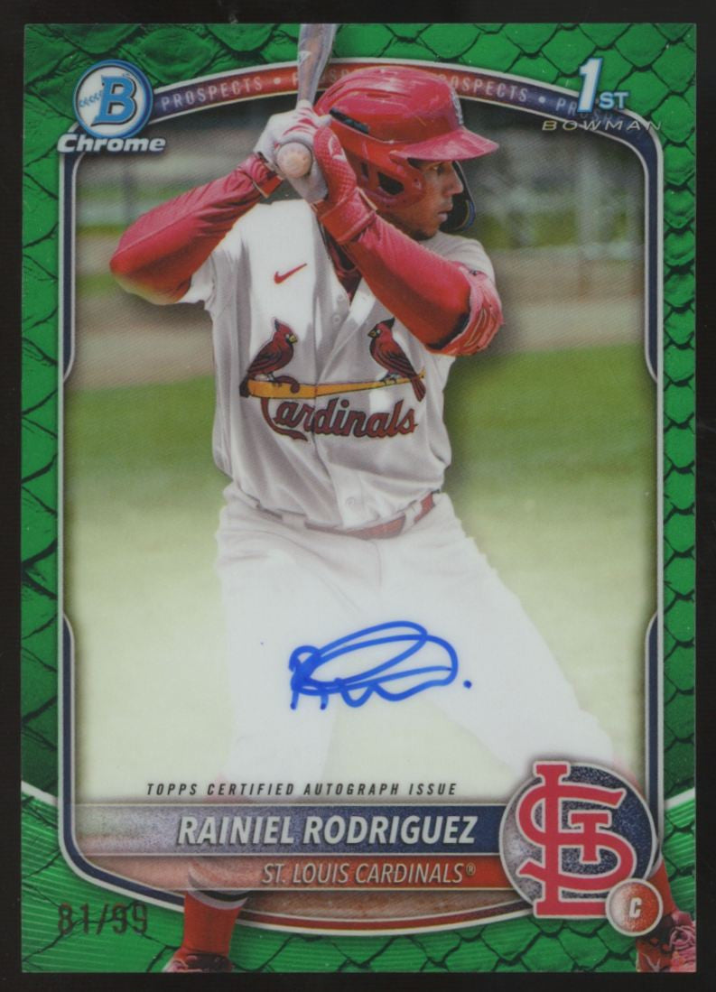 2025 Bowman Chrome Rainiel Rodriguez 1st Prospect Reptilian Green Auto /99
