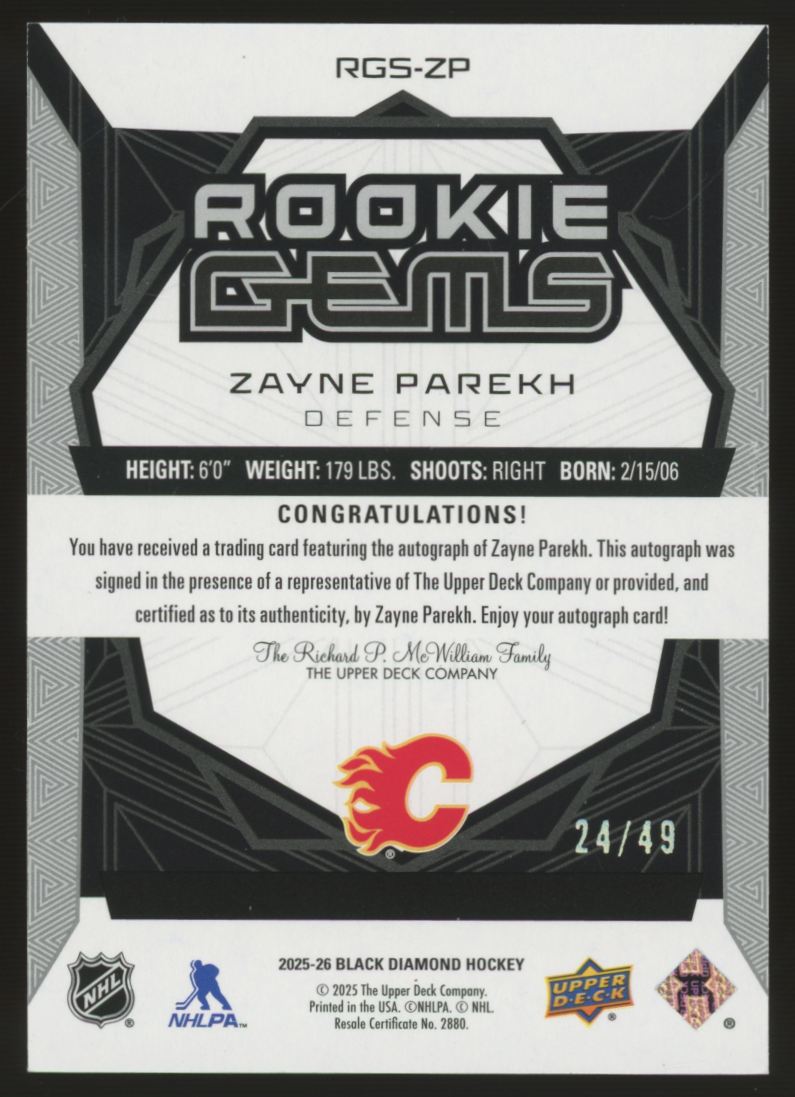2025/26 UD Black Diamond Zayne Parekh RC Rookie Gems Auto /49 #RGS-ZP