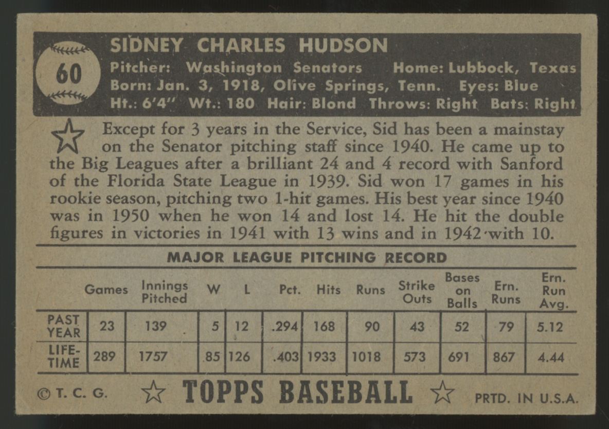 1952 Topps Sid Hudson Black Back #60 EX