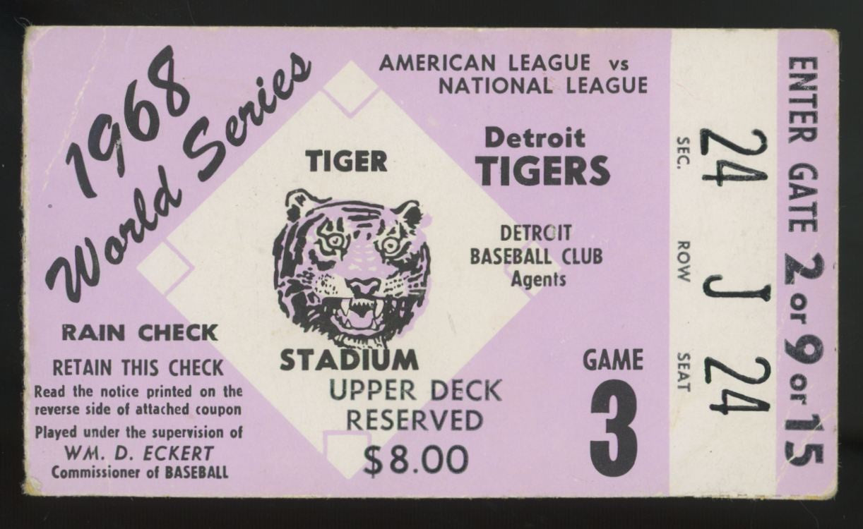 1968 World Series Detroit Tigers Game 3 Ticket Stub Low Grade