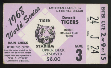 1968 World Series Detroit Tigers Game 3 Ticket Stub Low Grade
