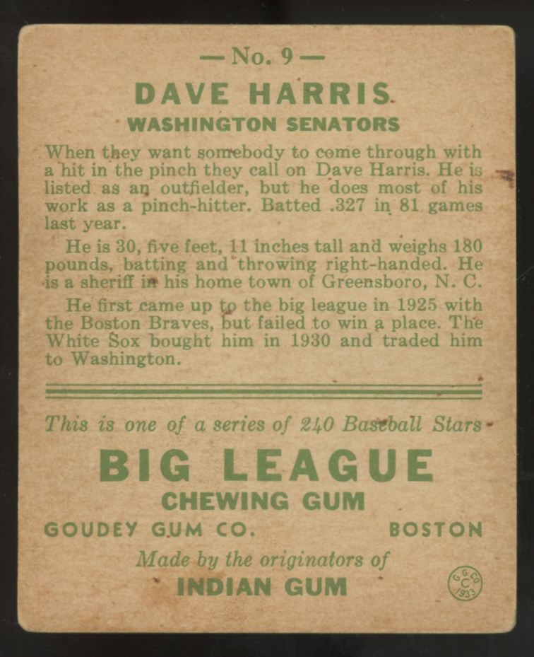 1933 Goudey Dave Harris #9 G/VG