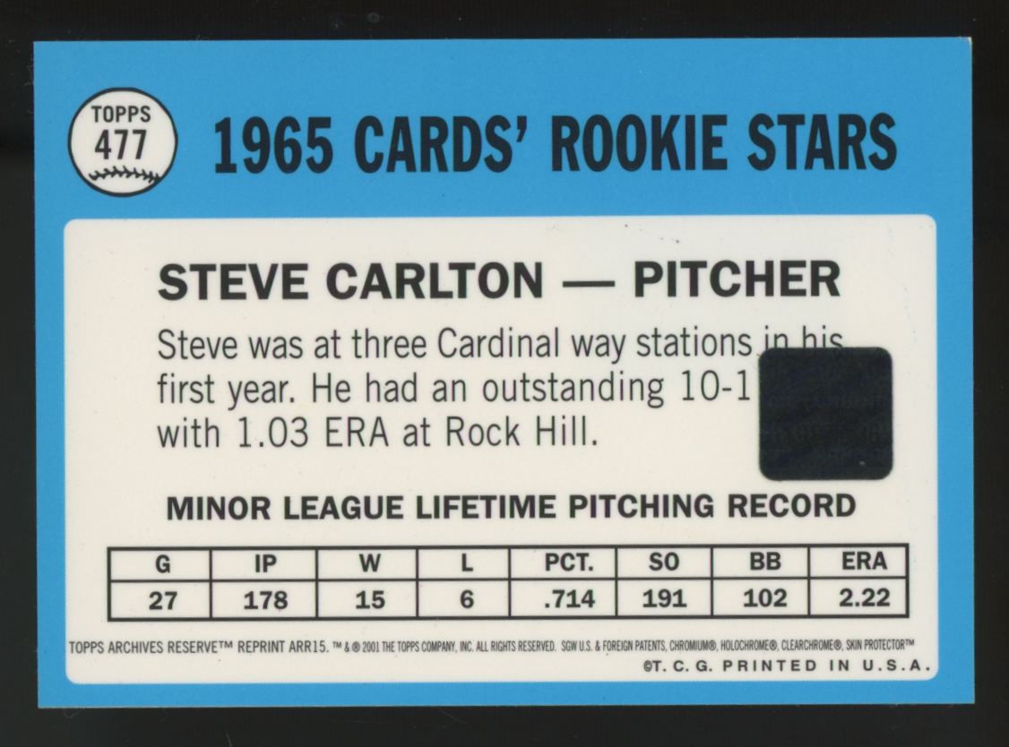 2001 Topps Archives Reserve Steve Carlton 1965 Rookie Reprint Patch #477
