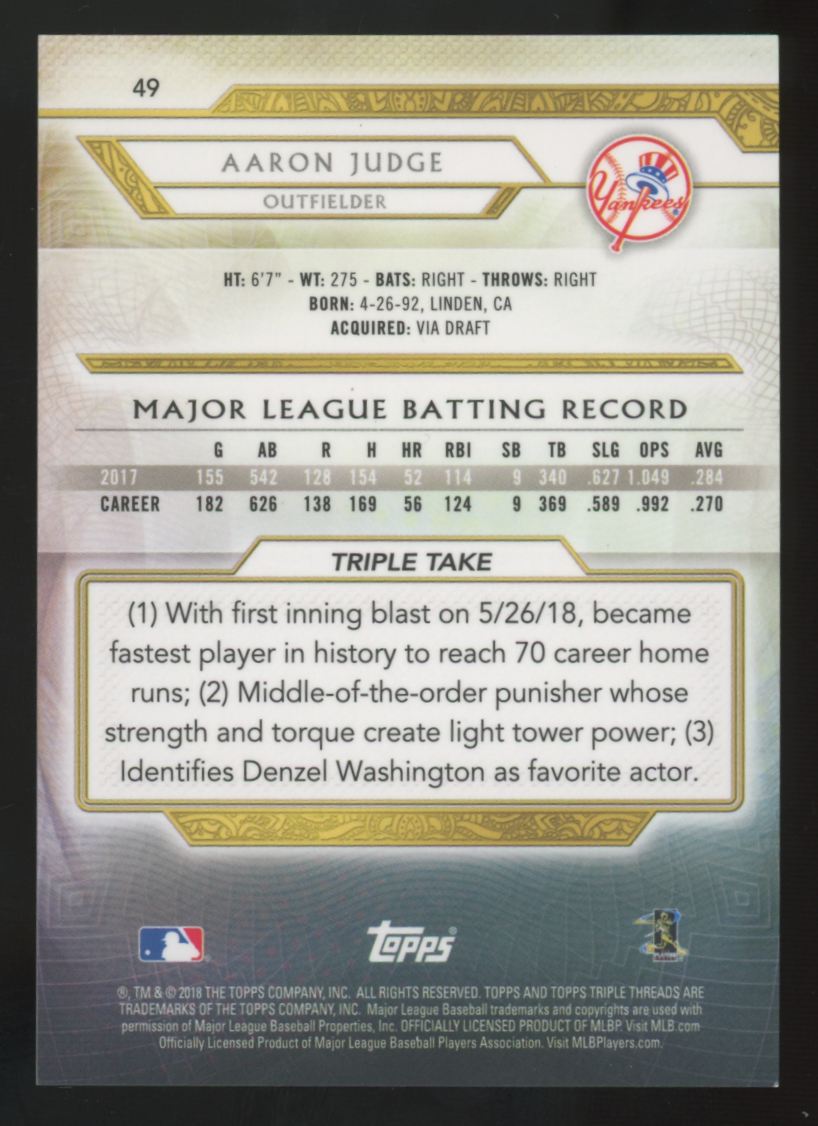 2018 Topps Triple Threads Aaron Judge Amethyst /299 #49