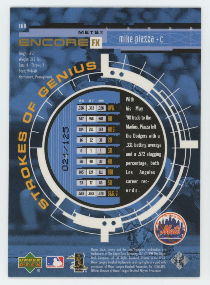 1999 Upper Deck Encore Mike Piazza Strokes Of Genius Gold FX /125 #168