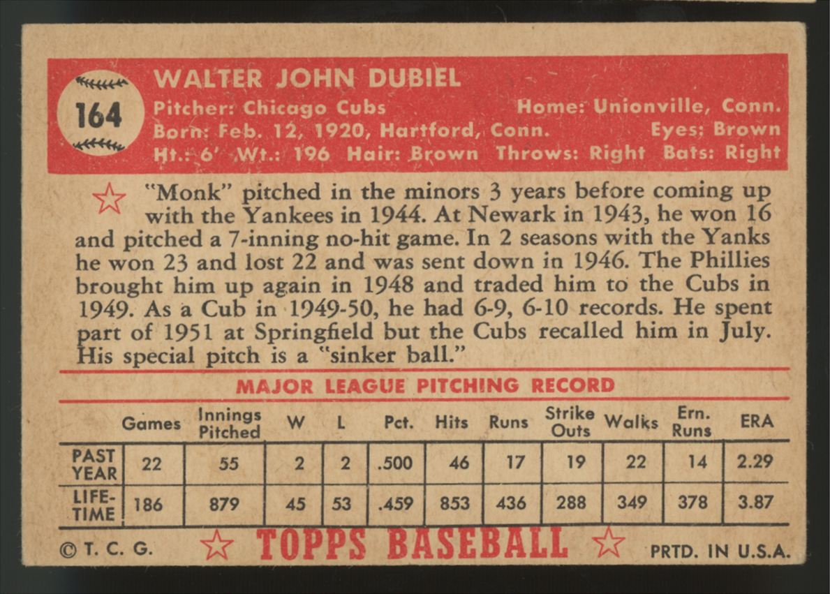 1952 Topps Walt Dubiel #164 VG/EX (MC)