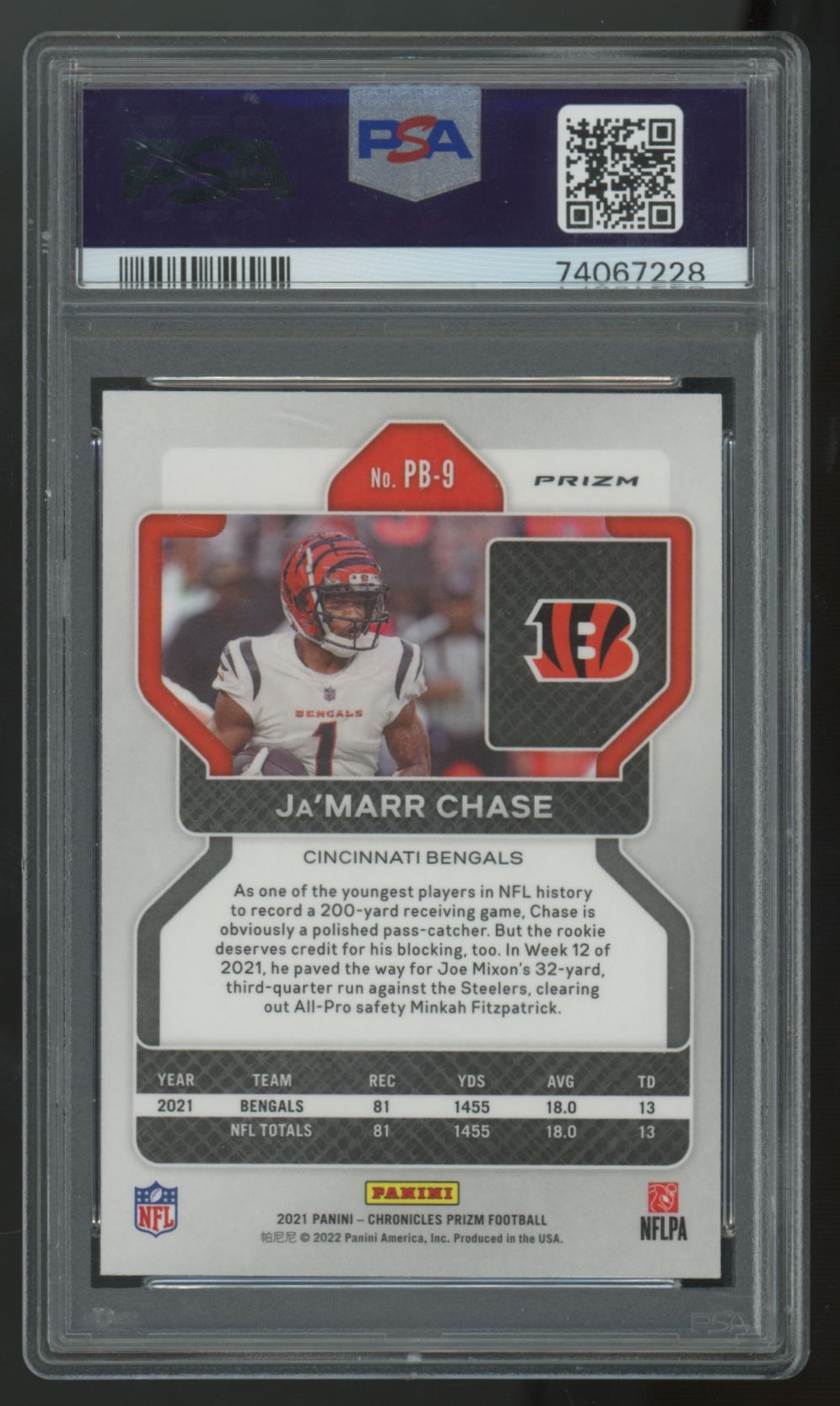 2021 Panini Chronicles Prizm Black Ja'Marr Chase RC #PB-9 PSA 10