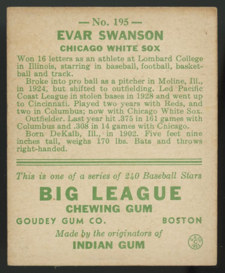 1933 Goudey Evar Swanson #195 EX/MT (OC)
