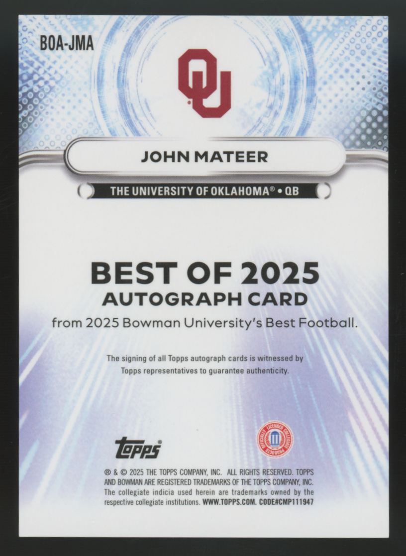 2025 Bowman's Best U John Mateer Best Of '25 Purple Auto /75 #BOA-JMA
