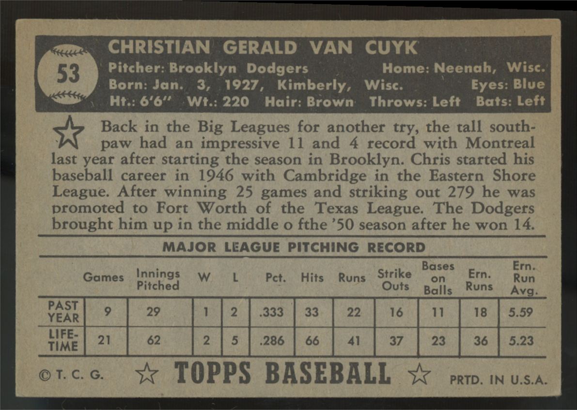 1952 Topps Chris Van Cuyk RC Black Back #53 VG