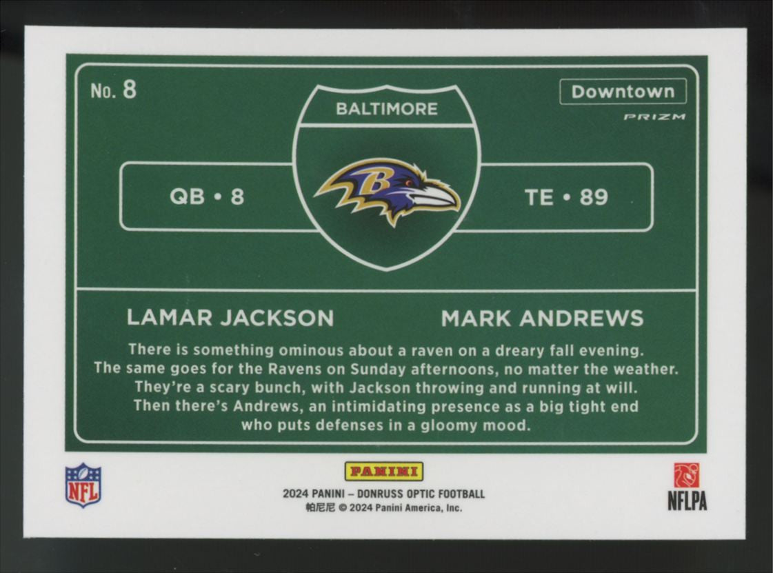 2024 Panini Donruss Optic Lamar Jackson/Mark Andrews Downtown Duo SSP #8