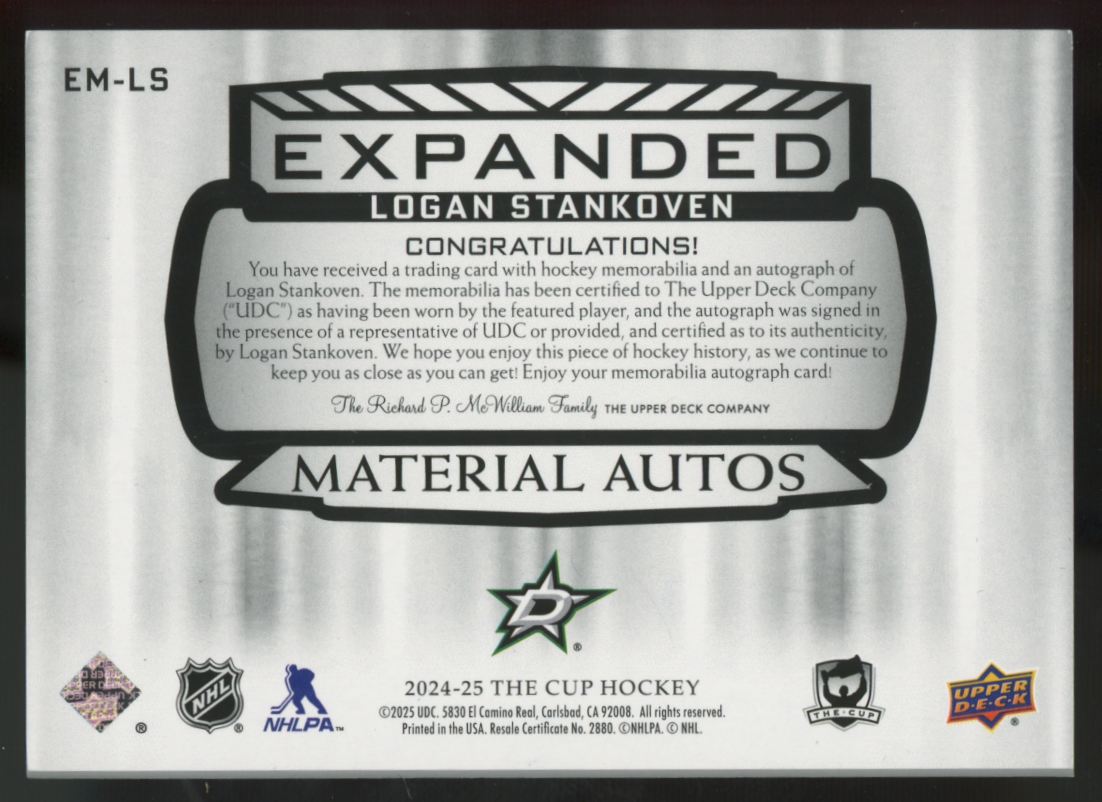 2024-25 UD The Cup Logan Stankoven RC Expanded Material Patch Auto RPA /15