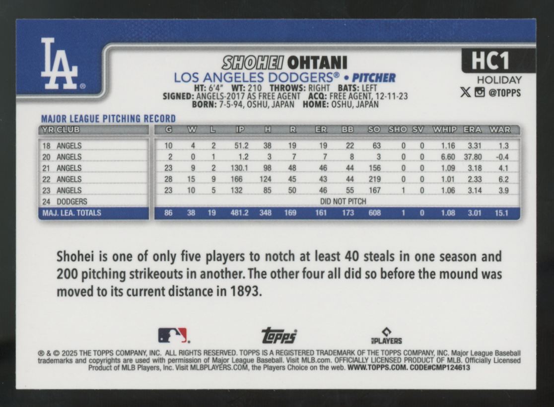 2025 Topps Holiday Shohei Ohtani Chrome Blue Sparkle /199 #HC1