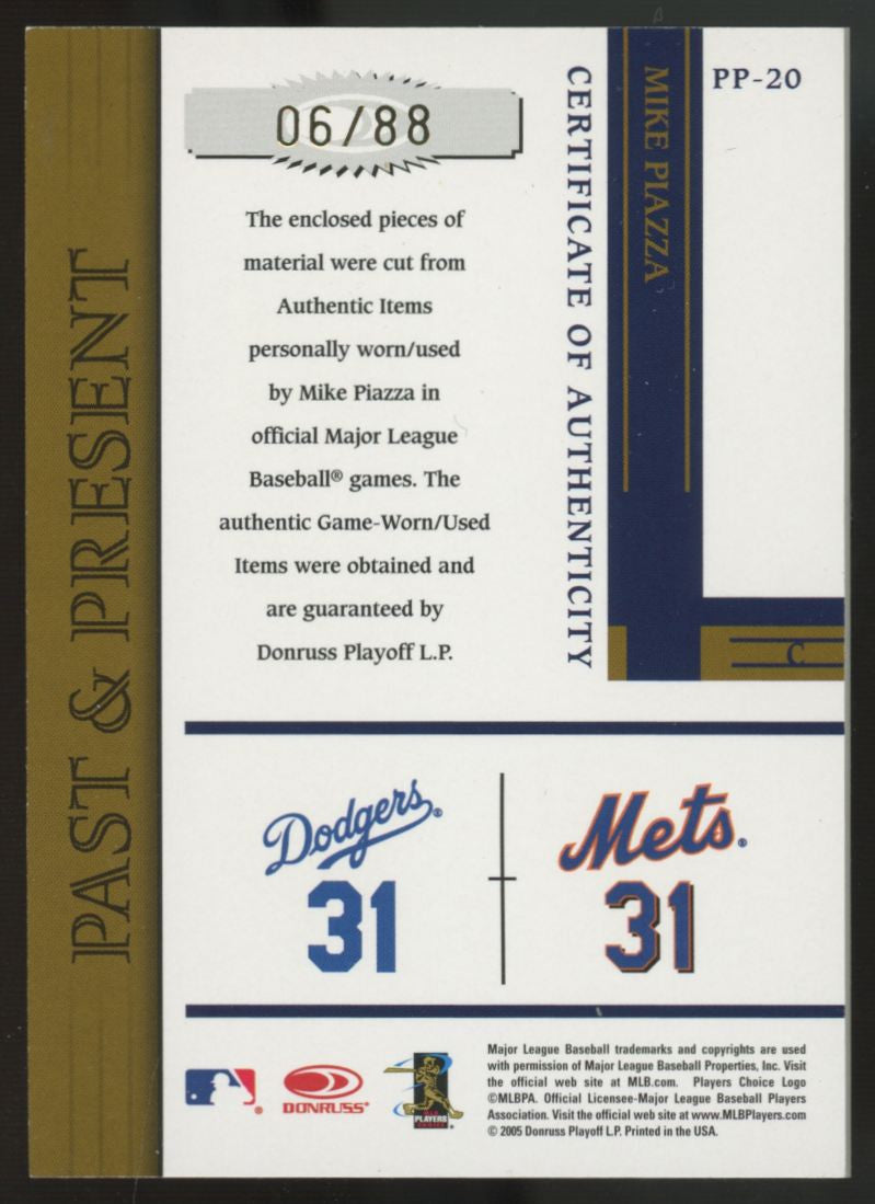 2005 Prime Patches Mike Piazza Past & Present Quad Patch Prime /88 #PP-20