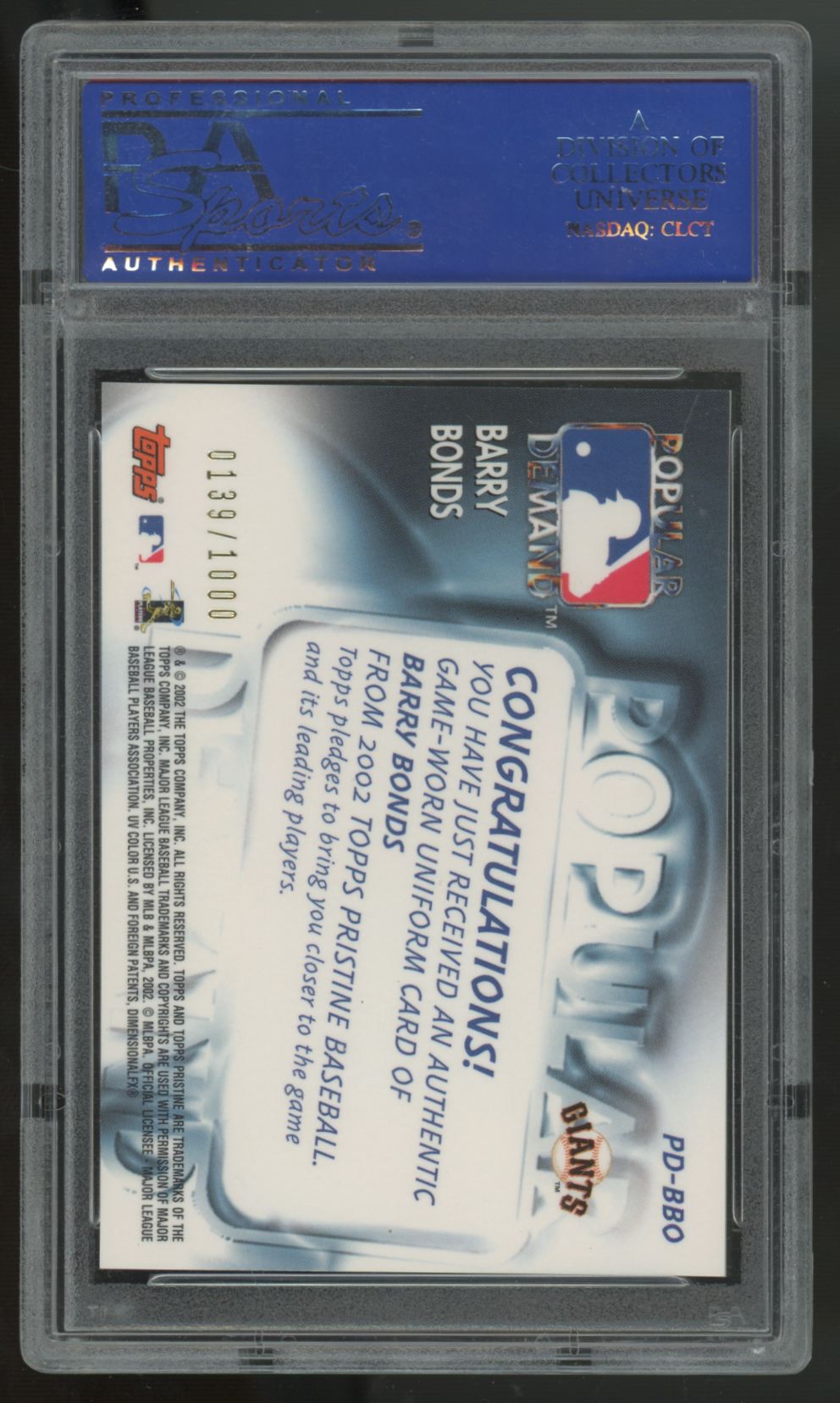 2002 Topps Pristine Barry Bonds Popular Demand Patch /1000 #PD-BBO PSA 9