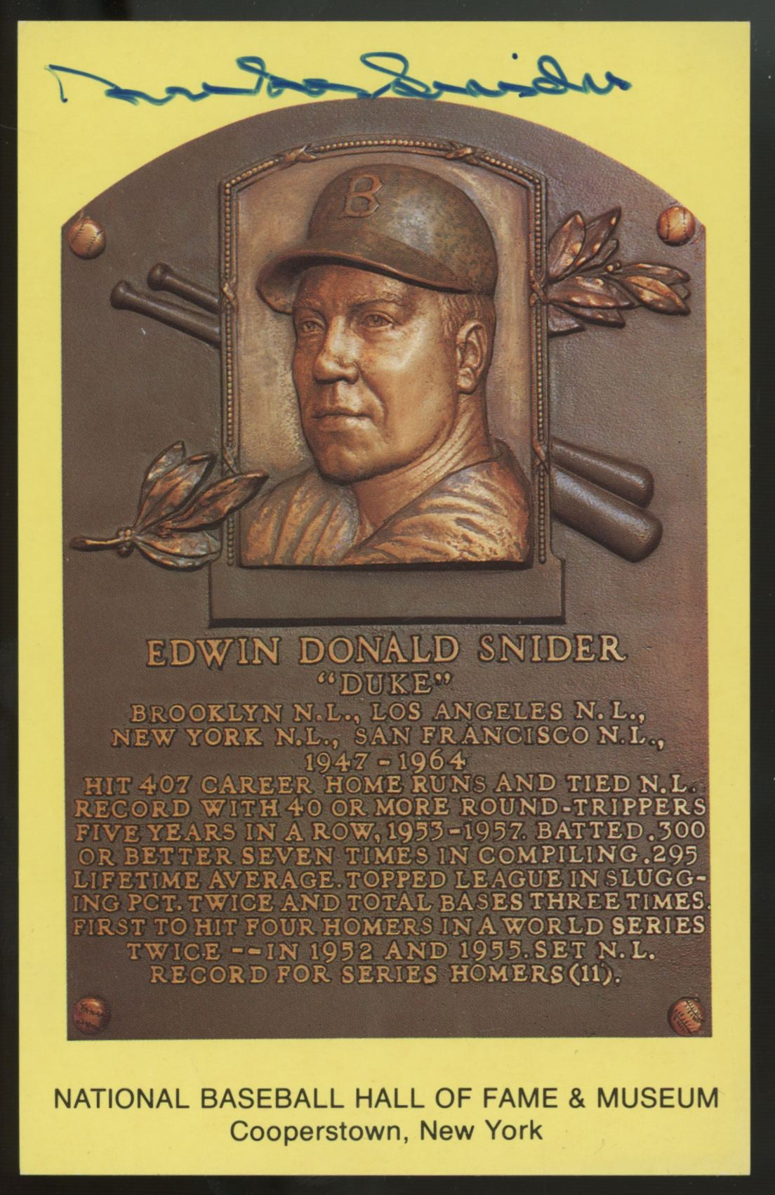1980 Duke Snider Signed Autographed HOF Plaque Post Card JSA Authentic