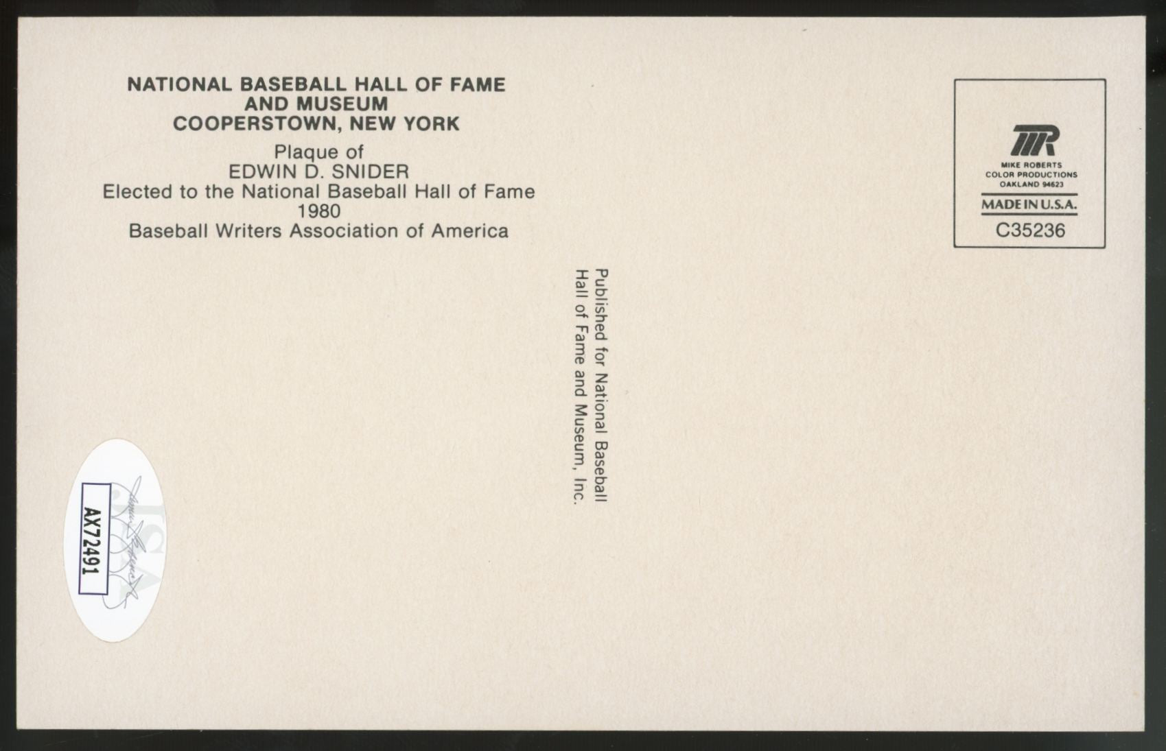 1980 Duke Snider Signed Autographed HOF Plaque Post Card JSA Authentic