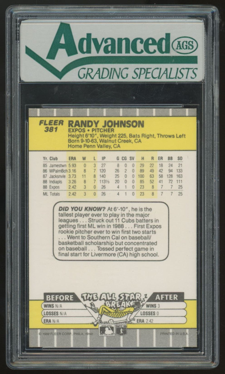 1989 Fleer Randy Johnson RC #381 AGS 10