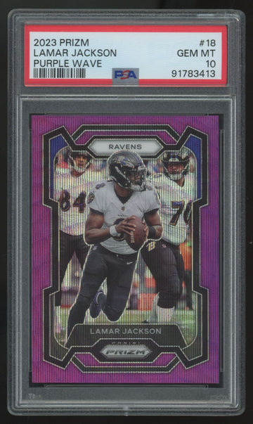 2023 Panini Prizm Lamar Jackson Purple Wave /99 #18 PSA 10