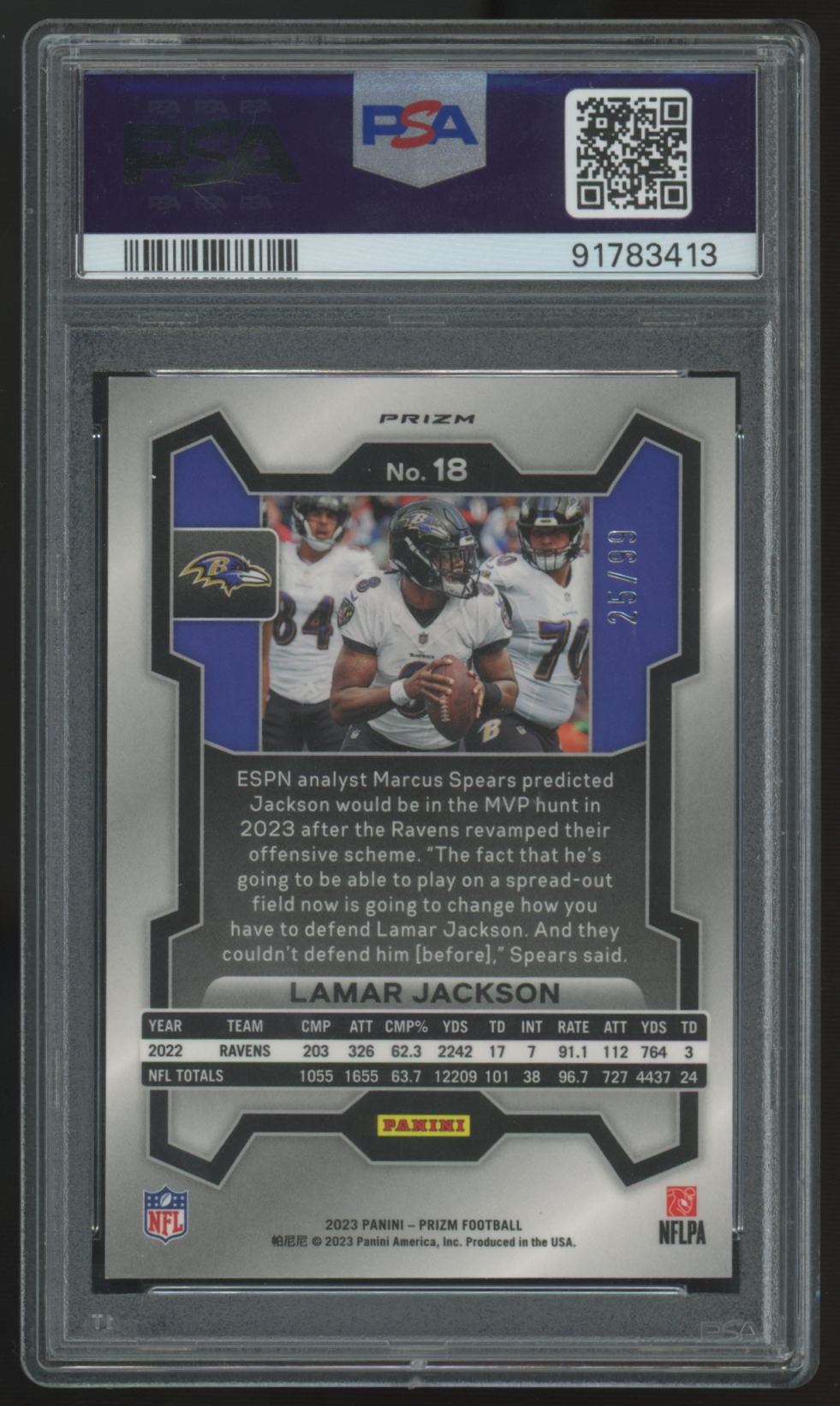 2023 Panini Prizm Lamar Jackson Purple Wave /99 #18 PSA 10