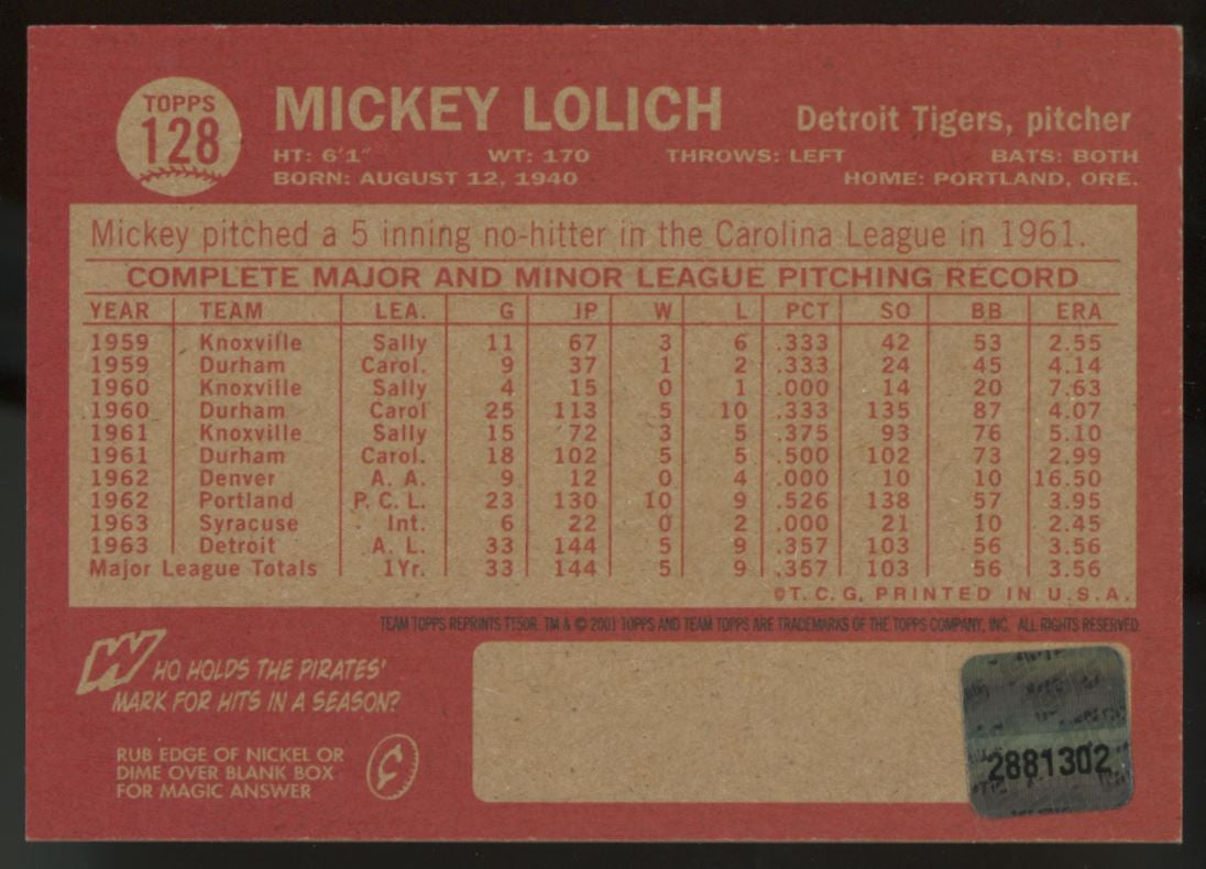 2001 Team Topps Legends Mickey Lolich 1964 Auto #128