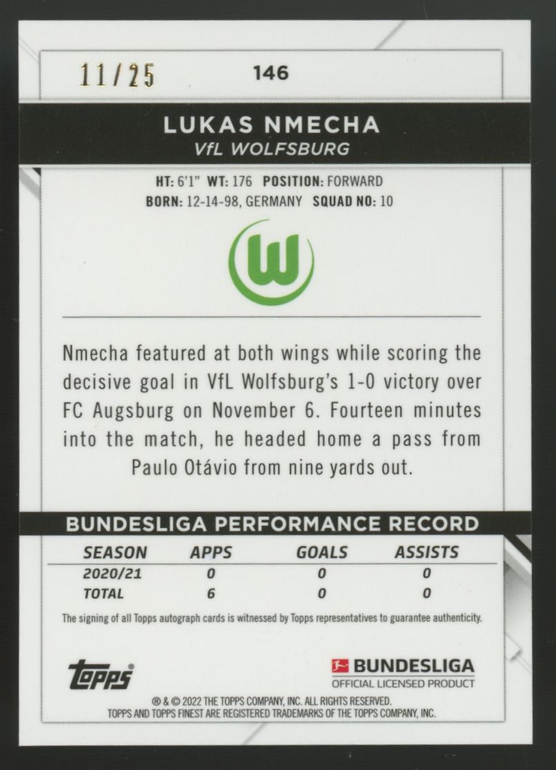 2022/23 Topps Finest Bundesliga Lukas Nmecha Gold Refractor Auto /25 #146