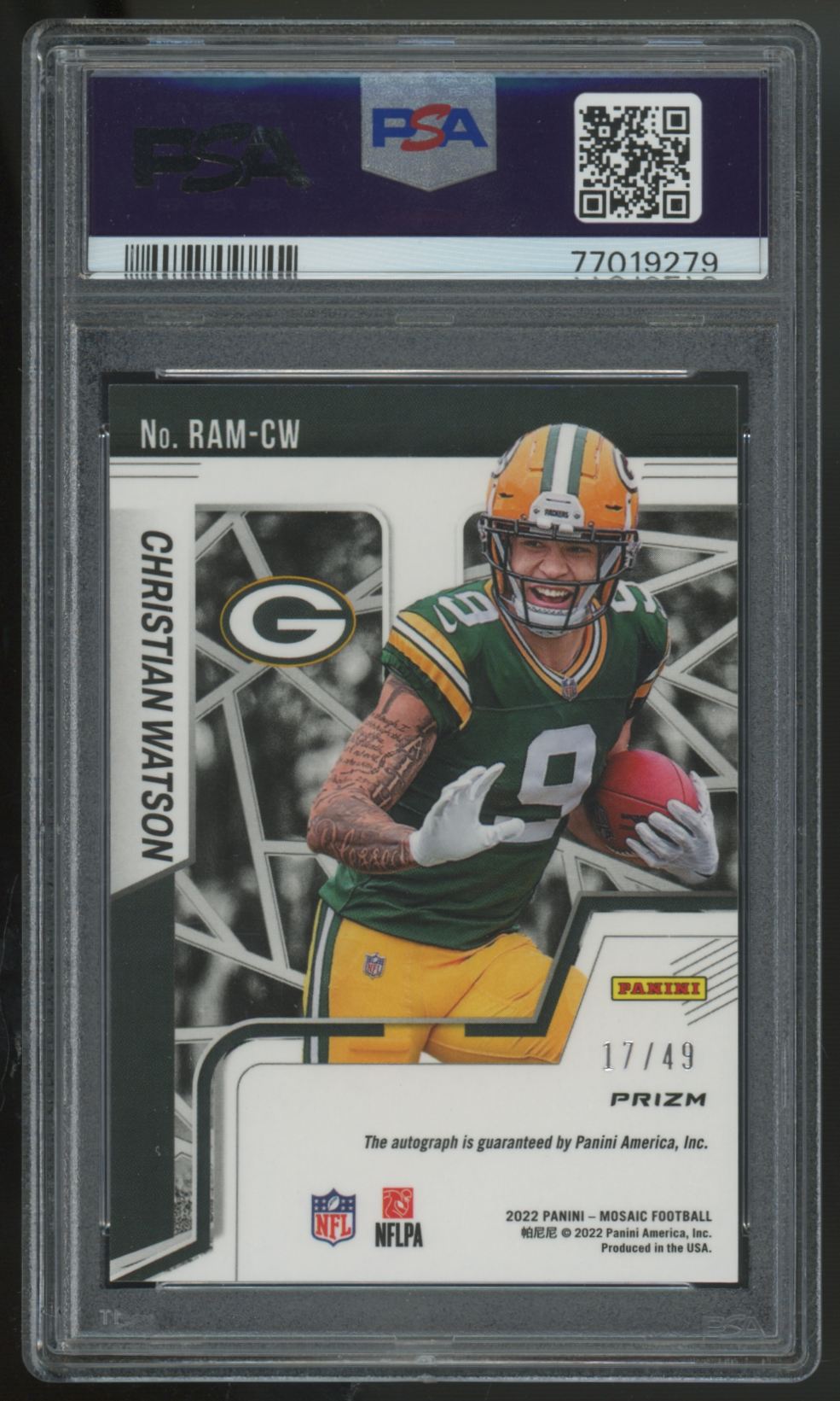 2022 Panini Mosaic Christian Watson RC Purple Auto /49 #RAM-CW PSA 9
