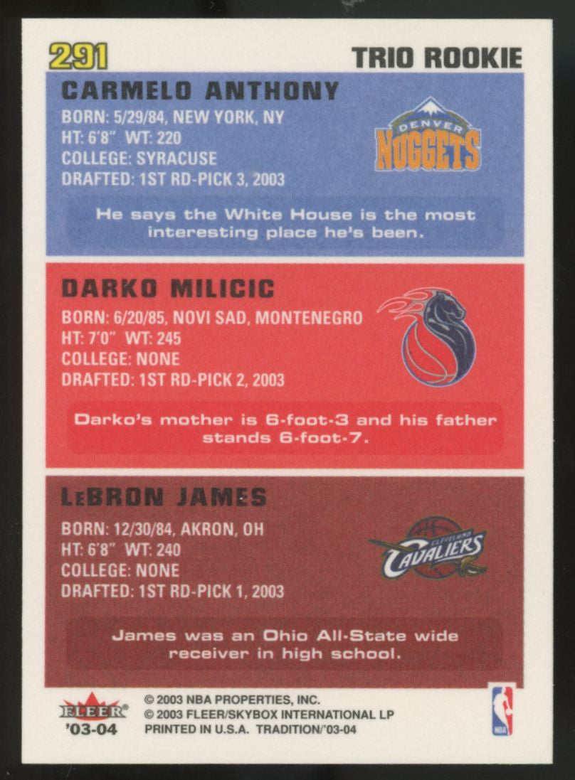 2003-04 Fleer Tradition James/Milicic/Anthony RC Trio Rookie #291