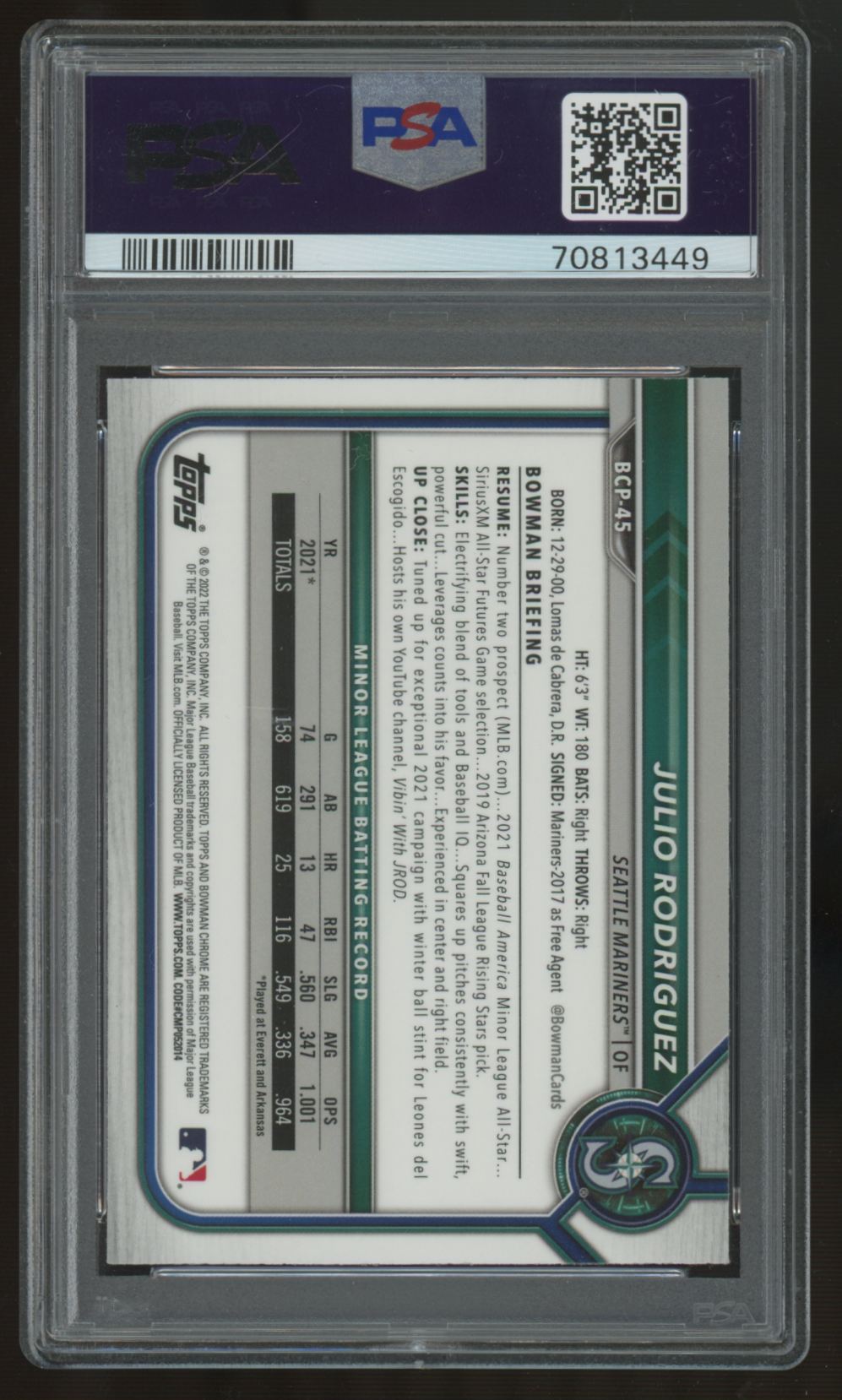 2022 Bowman Chrome Mega Julio Rodriguez #BCP-45 PSA 10
