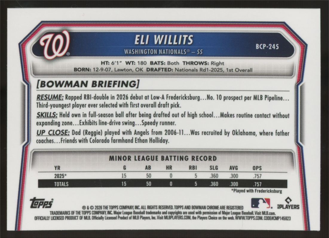 2026 Bowman Chrome Eli Willits Prospect Popcorn Refractor SSP #BCP-245