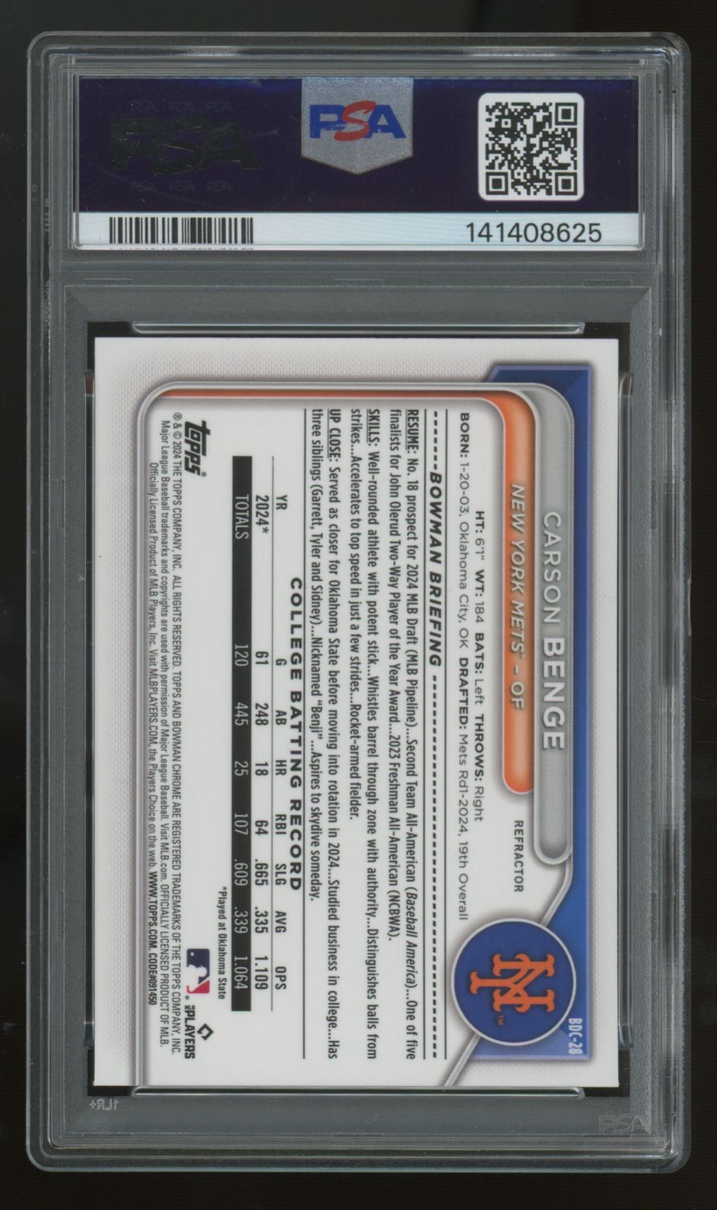 2024 Bowman Chrome Draft Carson Benge 1st Refractor #BDC-28 PSA 10