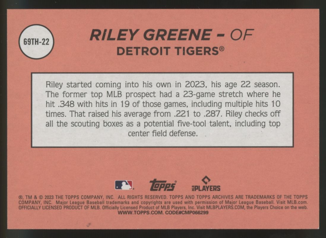 2023 Topps Archives Riley Greene RC 1969 Poster Image Variation /69 #69TH-22