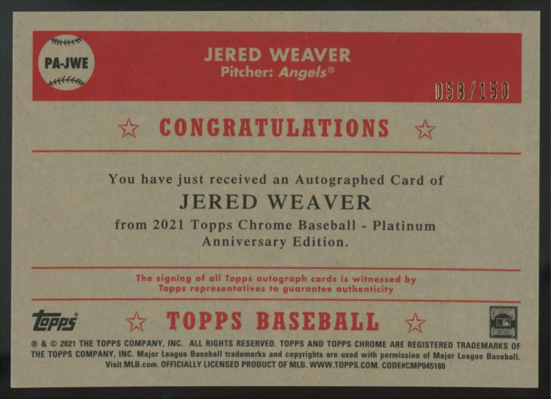 2021 Topps Chrome Platinum Jered Weaver Aqua Refractor Auto /150 #PA-JWE
