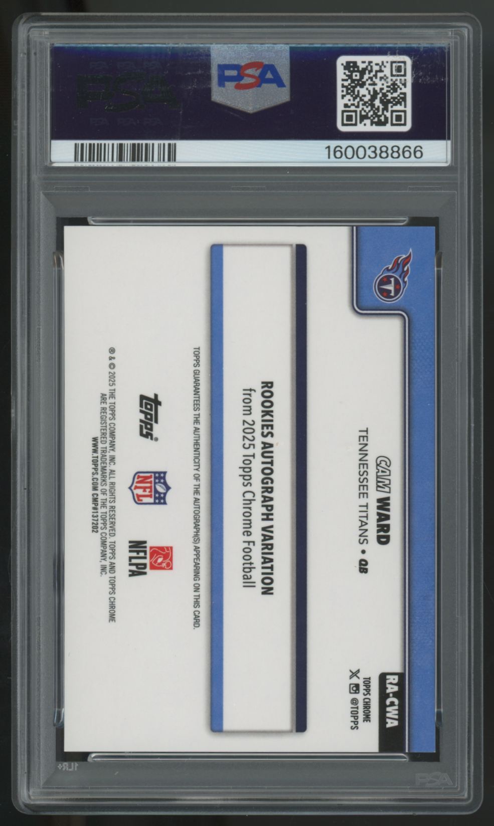 2025 Topps Chrome Cam Ward RC Purple Refractor Auto /75 #RA-CWA PSA 9