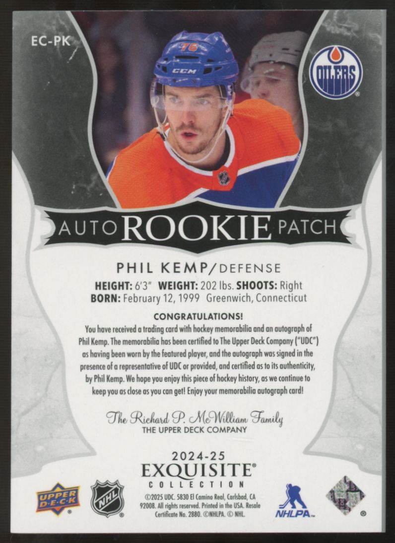 2024-25 Upper Deck The Cup Phil Kemp RC Exquisite Patch Auto RPA /76 #EC-PK
