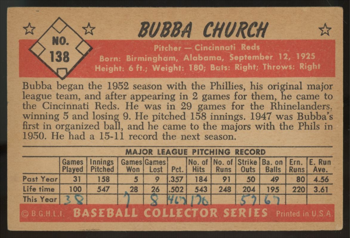 1953 Bowman Bubba Church #138 EX (Writing)