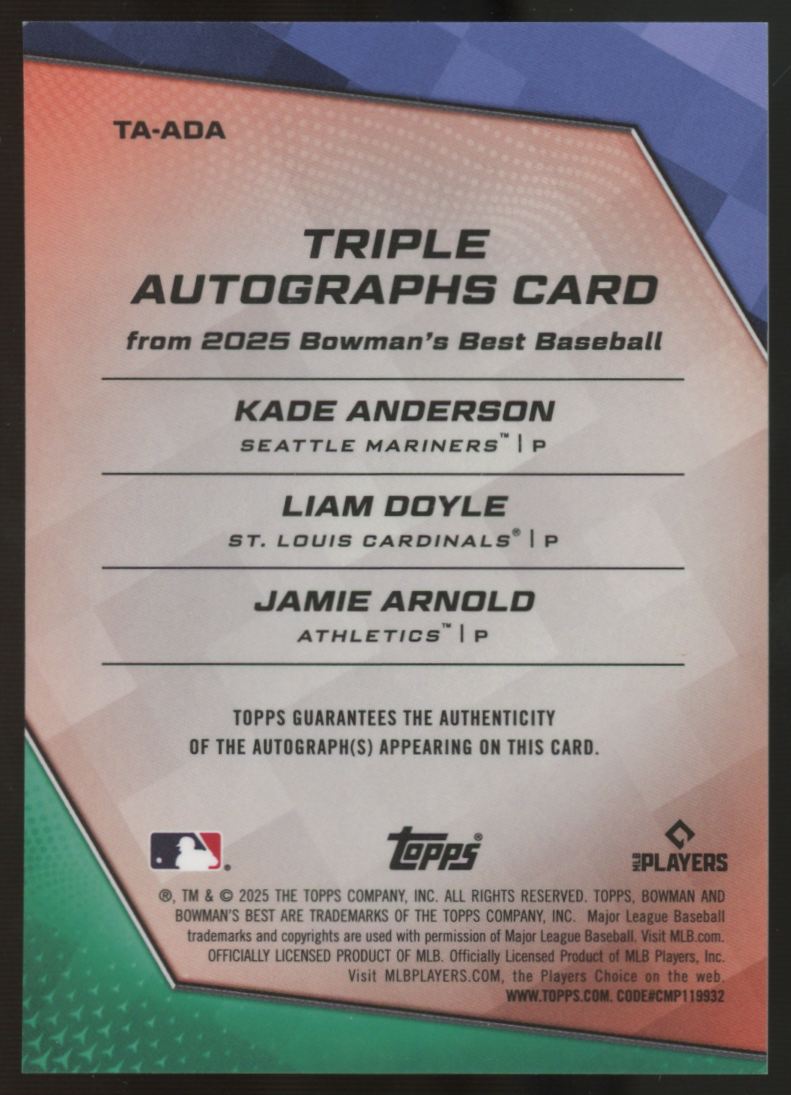2025 Bowman's Best Kade Anderson Liam Doyle Jamie Arnold Triple Auto /75