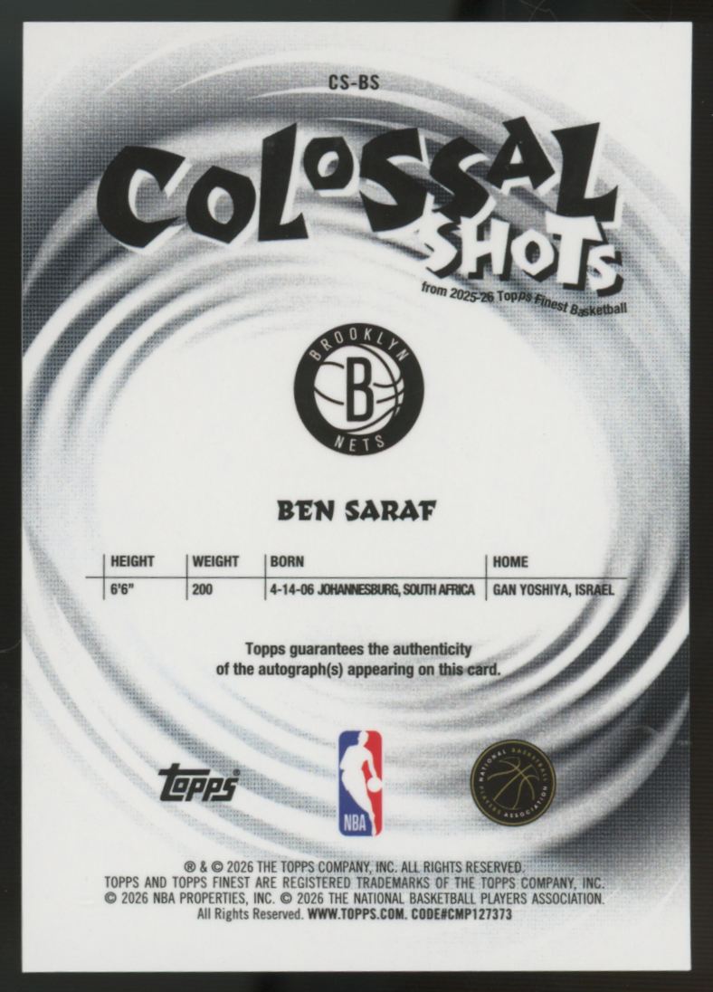 2025-26 Topps Finest Ben Saraf RC Colossal Shots Gold Geometric Auto /50 #CS-BS