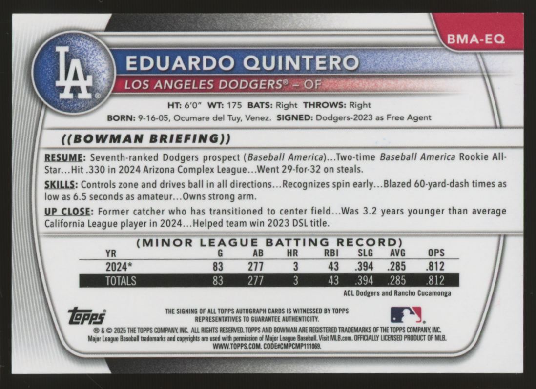 2025 Bowman Chrome Eduardo Quintero Prospect Mega Box Auto #BMA-EQ