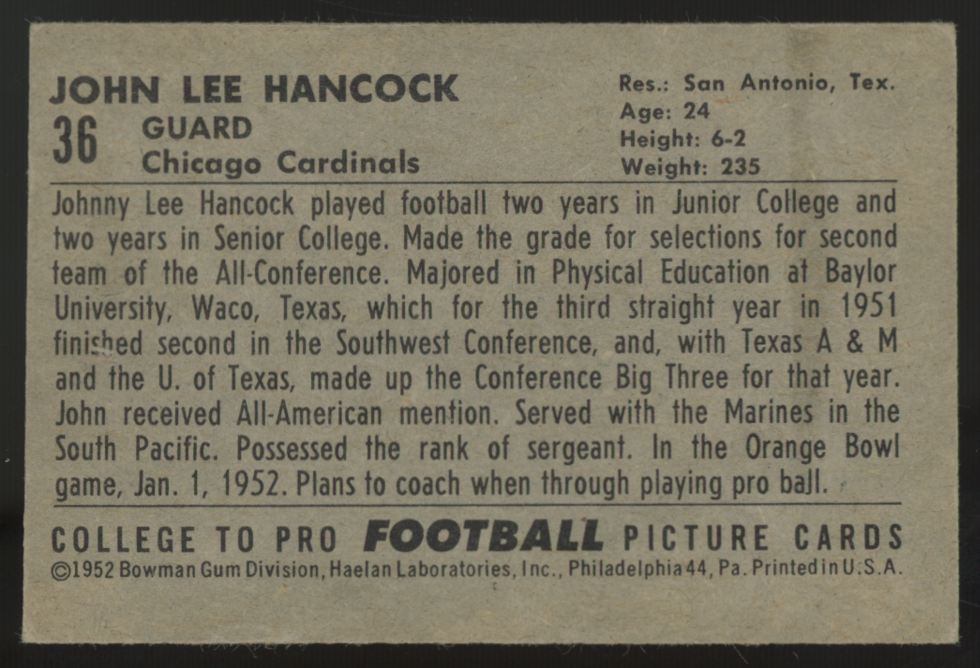 1952 Bowman Small John Hancock #36 EX