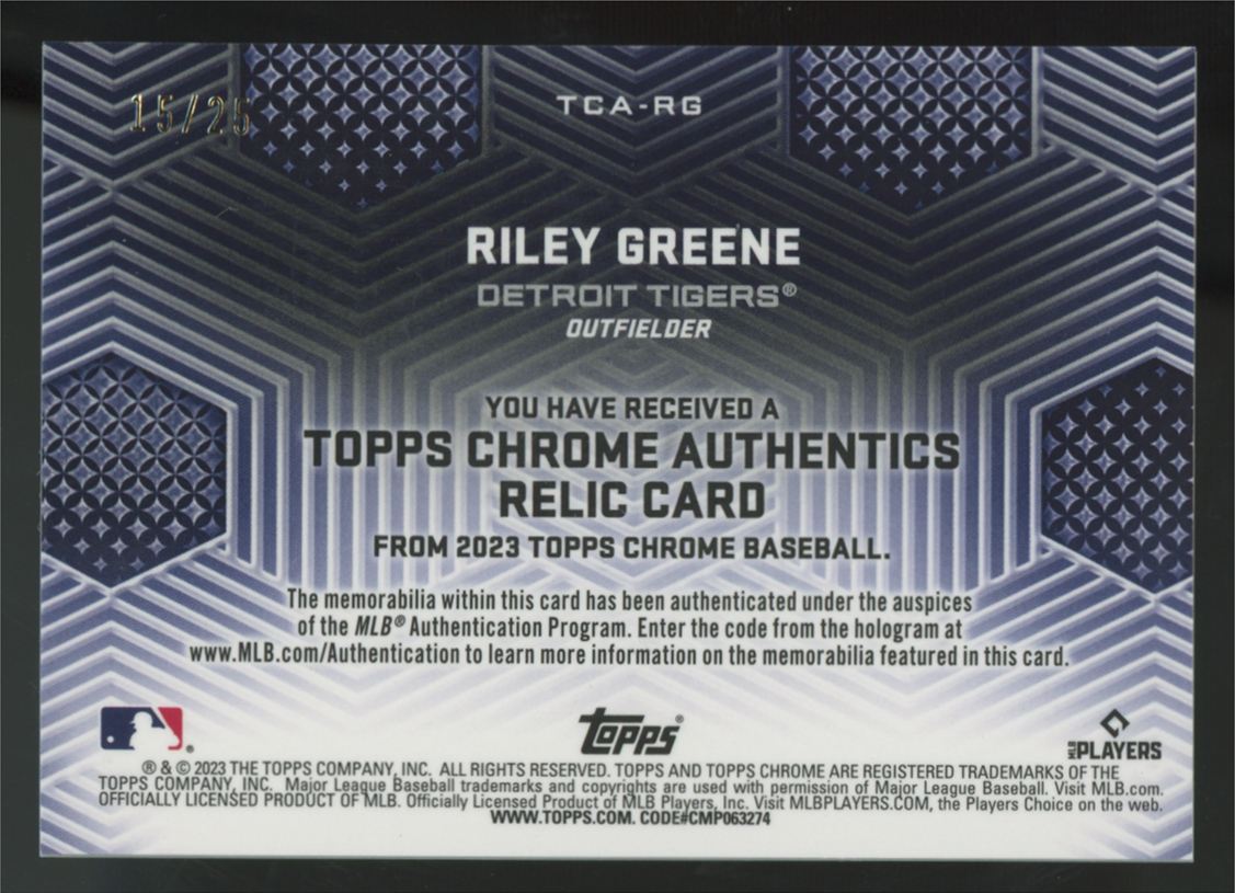 2023 Topps Chrome Riley Greene RC Orange Authentics Patch /25 #RCA-RG