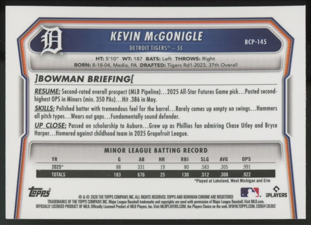 2026 Bowman Chrome Kevin McGonigle Fuchsia Wave Refractor /199 #BCP-145 "A"
