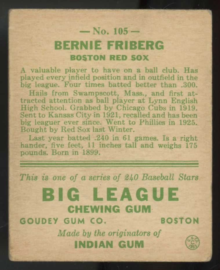 1933 Goudey Bernie Friberg #105 VG