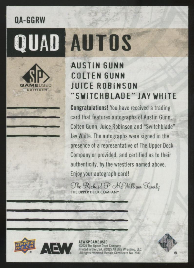 2025 UD SP Game Used AEW Gunn/Gunn/Robinson/White Quad Auto /15 #QA-GGRW
