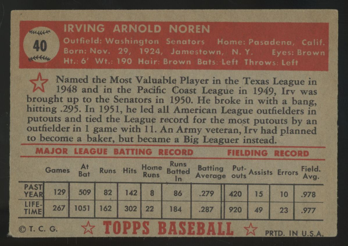 1952 Topps Irv Noren #40 VG "A"