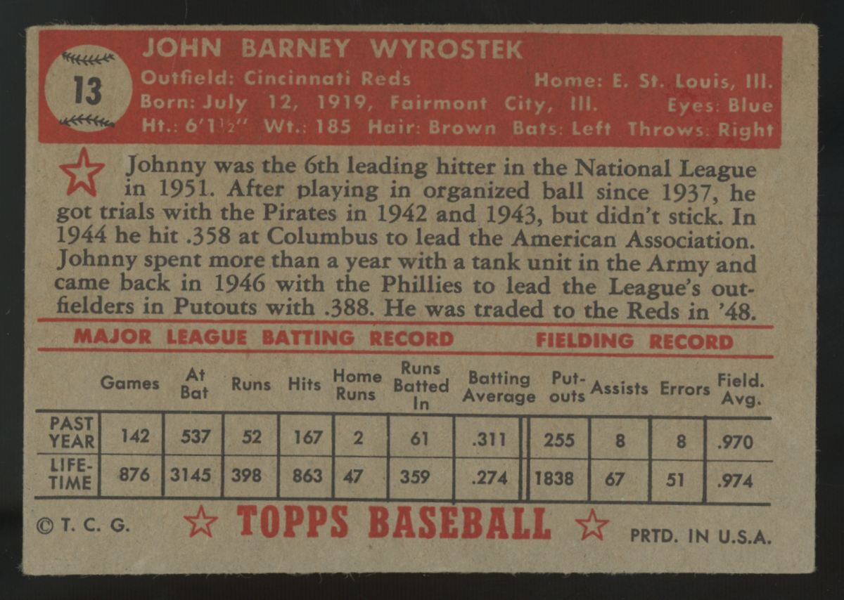 1952 Topps Johnny Wyrostek #13 Good