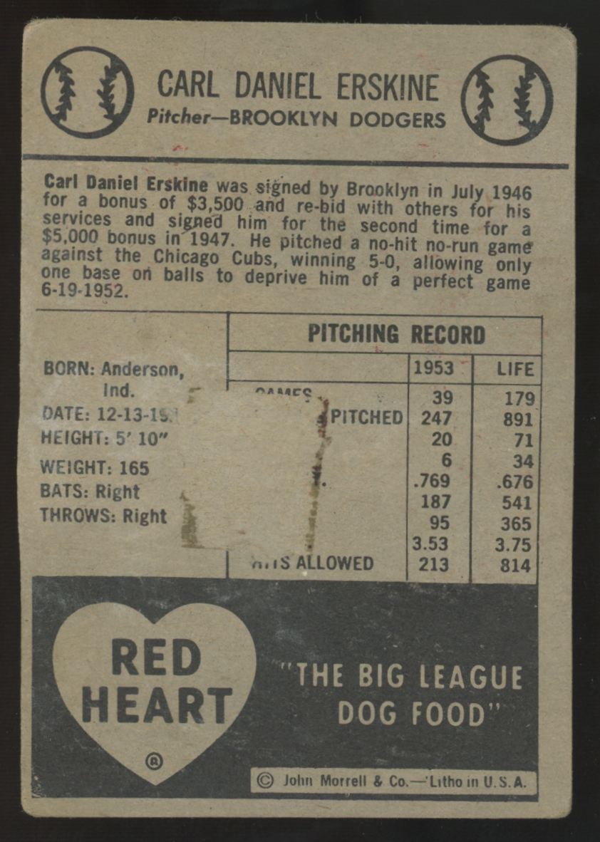 1954 Red Heart Carl Erskine Poor (Paper Loss)