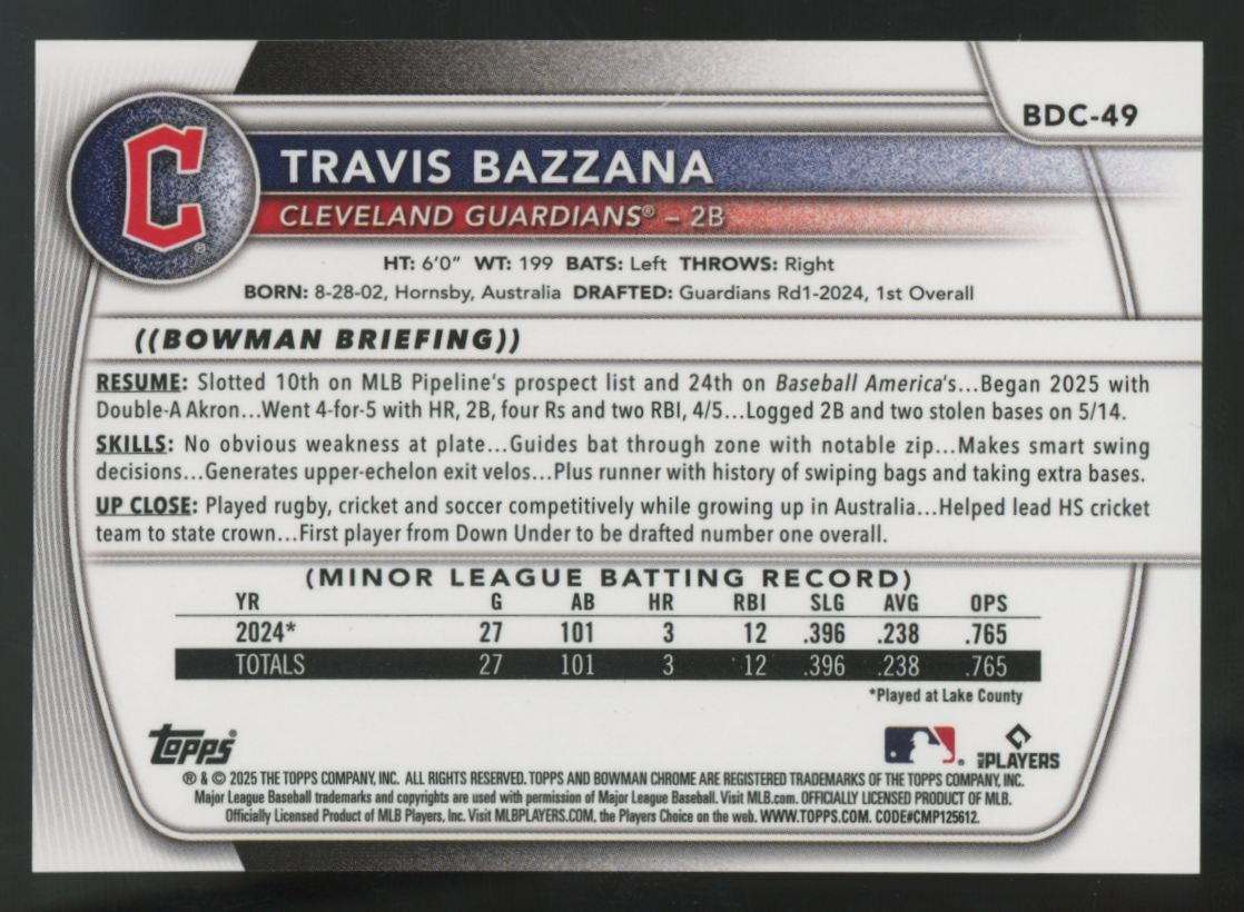 2025 Bowman Draft Travis Bazzana 1st Chrome Prospect Gold Refractor /50 BDC-49