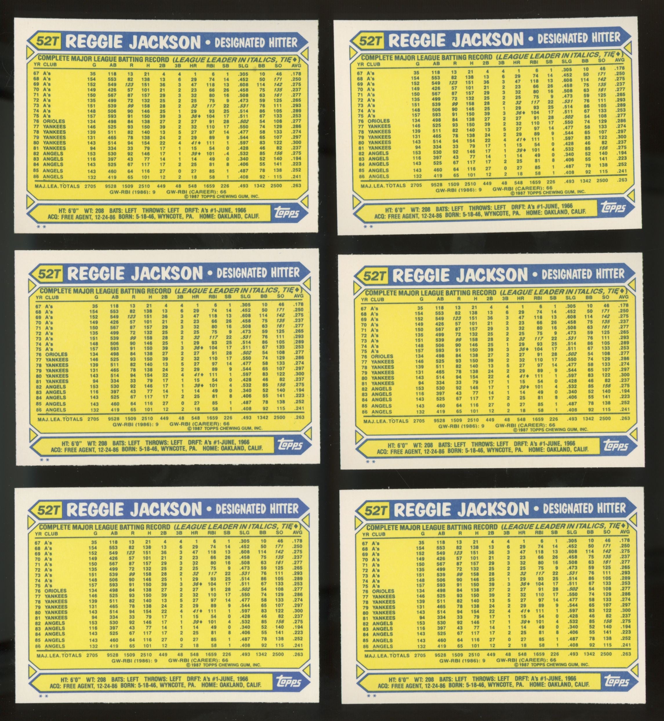 1987 Topps Traded Reggie Jackson #52T (Lot of 50)