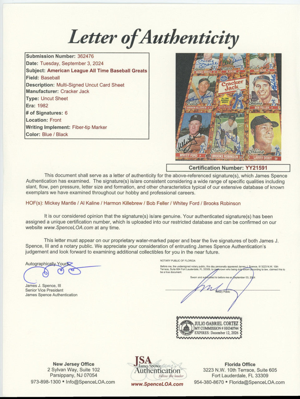 Mantle Mays Aaron +++ Signed Autographed Cracker Jack Sheet Set of 2 JSA Framed